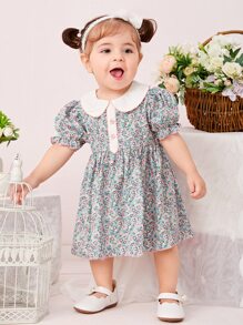 SHEIN Baby Girl Ditsy Floral Print Peter Pan Collar Puff Sleeve Dress - Multicolor - View 1