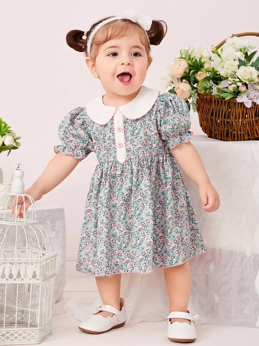 SHEIN Baby Girl Ditsy Floral Print Peter Pan Collar Puff Sleeve Dress - Multicolor - View 1
