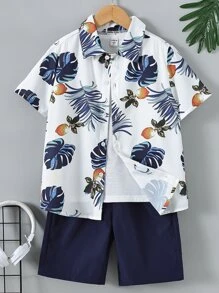 SHEIN Tween Boy Tropical Print Shirt & Shorts Without Tee - Blue and White - View 1