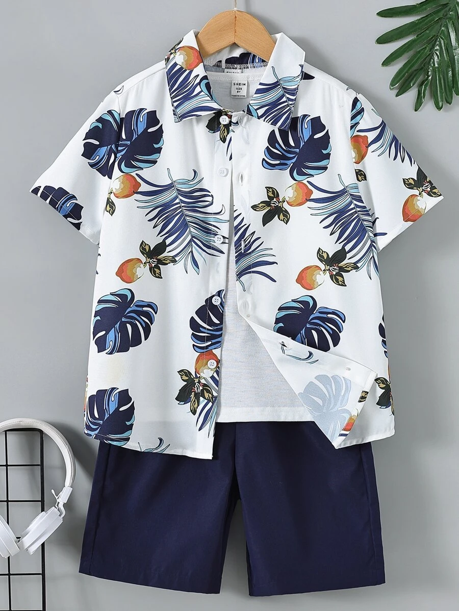 SHEIN Tween Boy Tropical Print Shirt & Shorts Without Tee - Blue and White - View 1