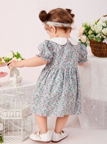 SHEIN Baby Girl Ditsy Floral Print Peter Pan Collar Puff Sleeve Dress - Multicolor - View 2