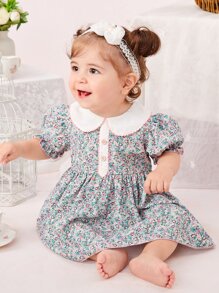 SHEIN Baby Girl Ditsy Floral Print Peter Pan Collar Puff Sleeve Dress - Multicolor - View 3