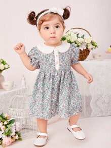 SHEIN Baby Girl Ditsy Floral Print Peter Pan Collar Puff Sleeve Dress - Multicolor - View 4