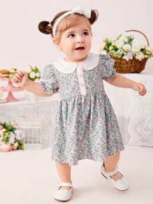 SHEIN Baby Girl Ditsy Floral Print Peter Pan Collar Puff Sleeve Dress - Multicolor - View 6