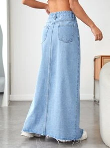 SHEIN EZwear 毛邊高衩牛仔半身裙 - 淺色水洗藍 - 查看 2