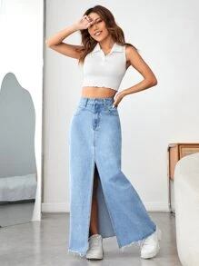 SHEIN EZwear 毛邊高衩牛仔半身裙 - 淺色水洗藍 - 查看 3