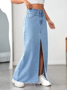 SHEIN EZwear 毛邊高衩牛仔半身裙 - 淺色水洗藍 - 查看 4