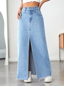 SHEIN EZwear 毛邊高衩牛仔半身裙 - 淺色水洗藍 - 查看 5