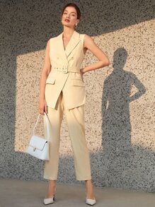BizChic Lapel Collar Double Breasted Belted Vest Blazer - Beige - View 6