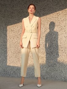 BizChic Lapel Collar Double Breasted Belted Vest Blazer - Beige - View 8