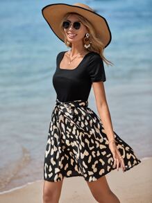 SHEIN VCAY Graphic Print Belted Dress - Black - View 1