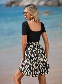 SHEIN VCAY Graphic Print Belted Dress - Black - View 2