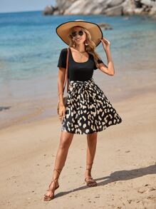 SHEIN VCAY Graphic Print Belted Dress - Black - View 3