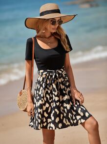 SHEIN VCAY Graphic Print Belted Dress - Black - View 5