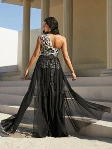 Missord Đầm Tương phản Mesh Thêu Hoa Buổi tiệc - Đen và trắng - Xem 2