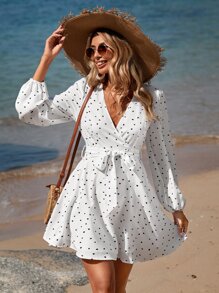 SHEIN VCAY 滿版心形印花燈籠袖繫腰帶連衣裙 - 白色 - 查看 1