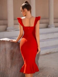 ADYCE Kleid mit Rüschenbesatz, Meerjungfrau Saum - Rot - Übersicht 2