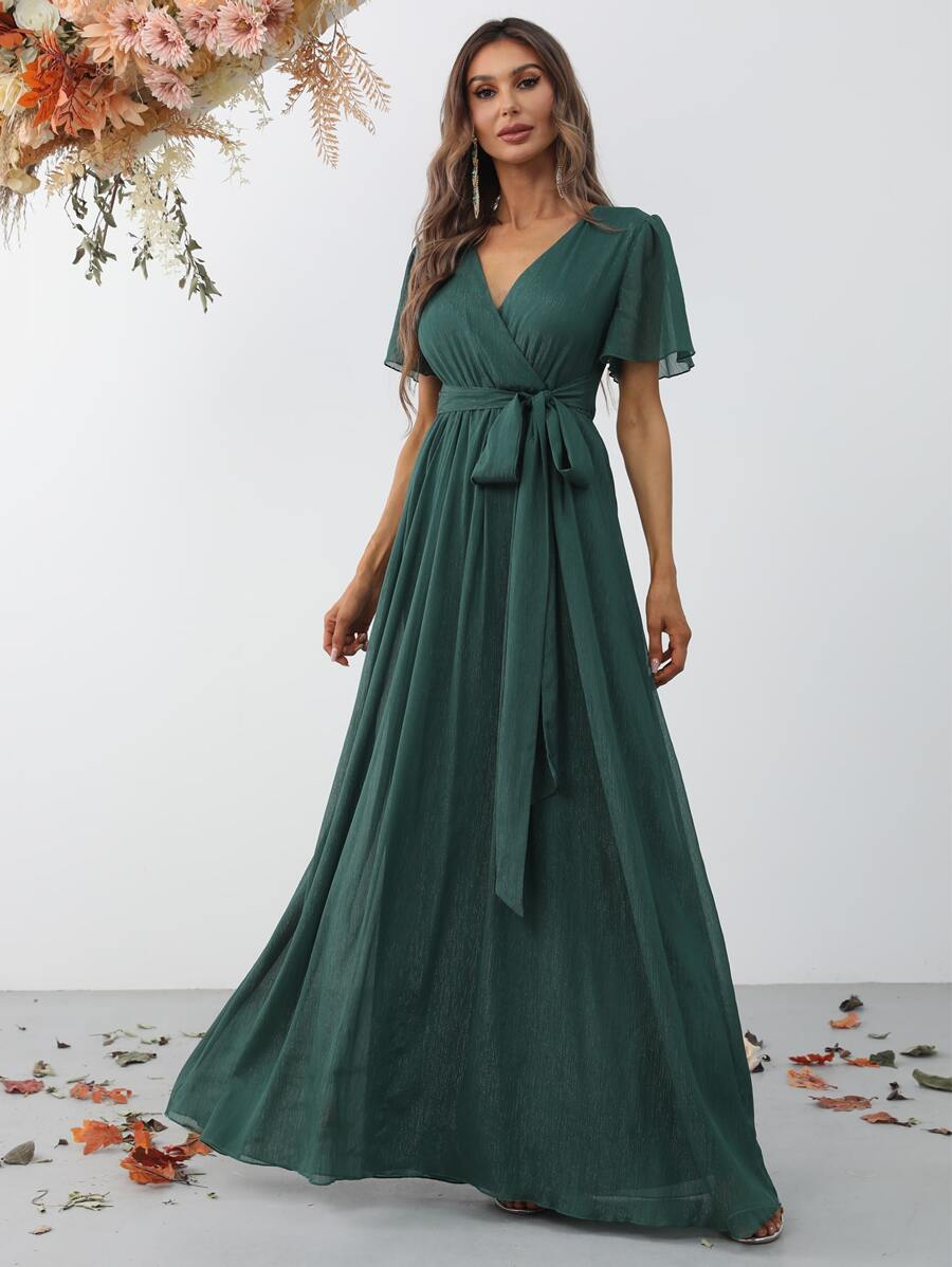 Faeriesty Elegant Cross V-Neck Flounce Sleeve Maxi Dress With Belted Waist For Spring-Summer | Perfect For Garden Weddings, Resort Getaways & Special Occasions Bridesmaid Dress - Dark Green - View 1