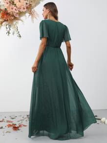 Faeriesty Elegant Cross V-Neck Flounce Sleeve Maxi Dress With Belted Waist For Spring-Summer | Perfect For Garden Weddings, Resort Getaways & Special Occasions Bridesmaid Dress - Dark Green - View 2