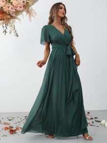 Faeriesty Elegant Cross V-Neck Flounce Sleeve Maxi Dress With Belted Waist For Spring-Summer | Perfect For Garden Weddings, Resort Getaways & Special Occasions Bridesmaid Dress - Dark Green - View 4