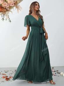 Faeriesty Elegant Cross V-Neck Flounce Sleeve Maxi Dress With Belted Waist For Spring-Summer | Perfect For Garden Weddings, Resort Getaways & Special Occasions Bridesmaid Dress