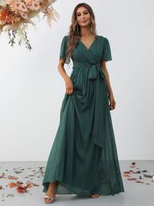 Faeriesty Elegant Cross V-Neck Flounce Sleeve Maxi Dress With Belted Waist For Spring-Summer | Perfect For Garden Weddings, Resort Getaways & Special Occasions Bridesmaid Dress - Dark Green - View 5