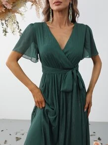 Faeriesty Elegant Cross V-Neck Flounce Sleeve Maxi Dress With Belted Waist For Spring-Summer | Perfect For Garden Weddings, Resort Getaways & Special Occasions Bridesmaid Dress - Dark Green - View 6
