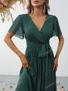 Faeriesty Elegant Cross V-Neck Flounce Sleeve Maxi Dress With Belted Waist For Spring-Summer | Perfect For Garden Weddings, Resort Getaways & Special Occasions Bridesmaid Dress