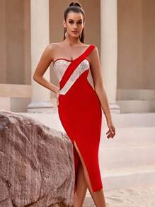 One Shoulder Contrast Sequin Split Thigh Bandage Dress - Red - View 1