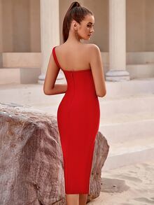 One Shoulder Contrast Sequin Split Thigh Bandage Dress - Red - View 2