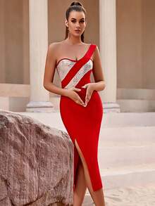 One Shoulder Contrast Sequin Split Thigh Bandage Dress - Red - View 3