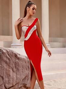 One Shoulder Contrast Sequin Split Thigh Bandage Dress - Red - View 5