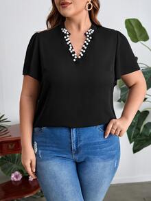 SHEIN Clasi Plus Pearls Beaded Notched Neckline Blouse - Black - View 3