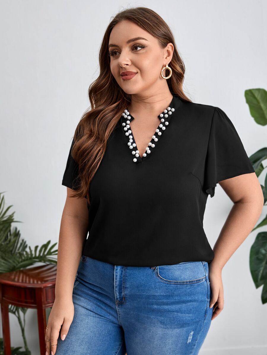 SHEIN Clasi Plus Pearls Beaded Notched Neckline Blouse - Black - View 1