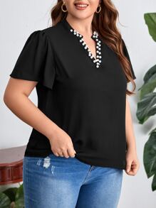 SHEIN Clasi Plus Pearls Beaded Notched Neckline Blouse - Black - View 4