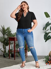 SHEIN Clasi Plus Pearls Beaded Notched Neckline Blouse - Black - View 6