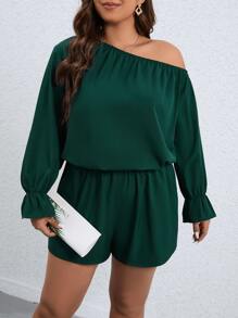 SHEIN Clasi Plus Asymmetrical Neck Flounce Sleeve Top & Shorts - Dark Green - View 1
