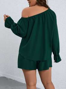 SHEIN Clasi Plus Asymmetrical Neck Flounce Sleeve Top & Shorts - Dark Green - View 2