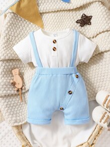 男嬰前紐扣T恤和背帶短褲 - 藍白色 - 查看 1