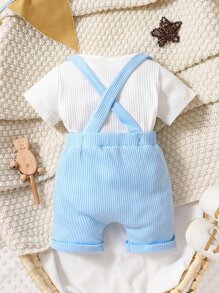男嬰前紐扣T恤和背帶短褲 - 藍白色 - 查看 2