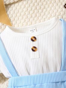 男嬰前紐扣T恤和背帶短褲 - 藍白色 - 查看 4