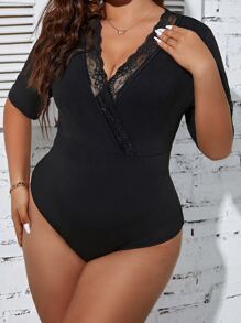 SHEIN Franclia Plus Contrast Lace Deep V Neck Bodysuit - Black - View 1