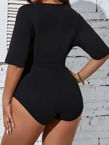 SHEIN Franclia Plus Contrast Lace Deep V Neck Bodysuit - Black - View 2