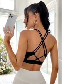 露背交叉運動型文胸 - 黑色 - 查看 1