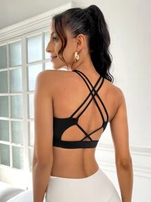 露背交叉運動型文胸 - 黑色 - 查看 5