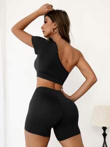 Yoga Sxy 2入組無縫瑜伽健身套裝單肩絎縫T恤和交叉騎行褲 - 黑色 - 查看 2