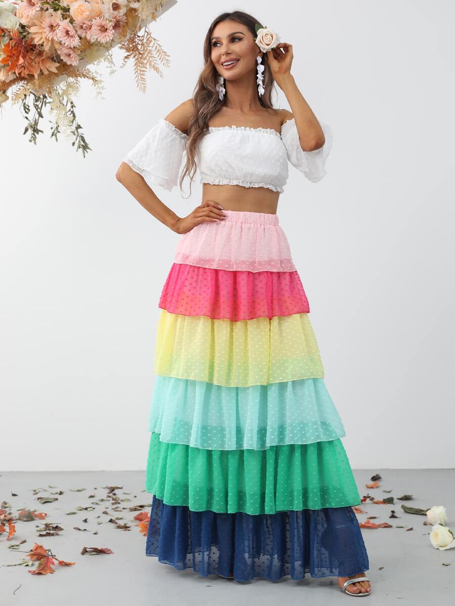 Swiss Dot Off Shoulder Crop Chiffon Top & Layered Hem Skirt - Multicolor - View 1
