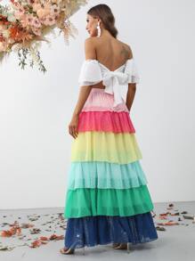 Swiss Dot Off Shoulder Crop Chiffon Top & Layered Hem Skirt - Multicolor - View 2