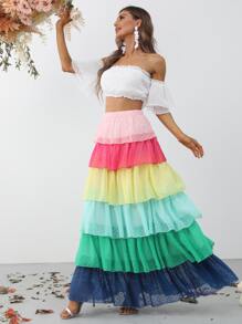 Swiss Dot Off Shoulder Crop Chiffon Top & Layered Hem Skirt - Multicolor - View 3