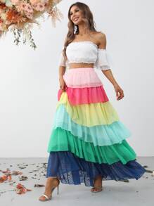 Swiss Dot Off Shoulder Crop Chiffon Top & Layered Hem Skirt - Multicolor - View 4